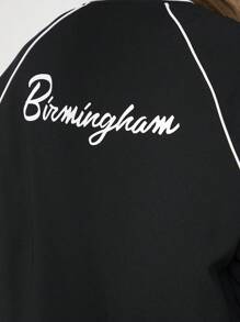 Teen Girl Letter Graphic Striped Trim Raglan Sleeve Bomber Jacket,In Fall/Winter - Black - View 5