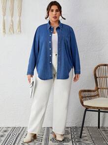 SHEIN LUNE 大碼口袋貼布牛仔襯衫