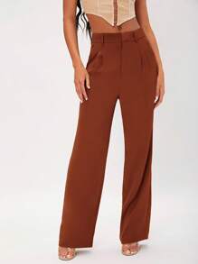 SHEIN Tall Solid Suit Pants - Coffee Brown - View 1