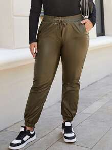 RueChic Plus Drawstring Waist PU Leather Pants - Green - View 5