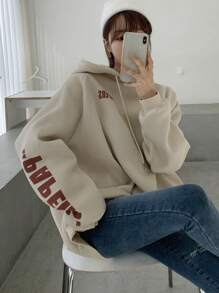 DAZY Letter Graphic Drop Shoulder Drawstring Hoodie,Long Sleeve Tops,Fall Clothes Sweatshirt - Apricot - View 4