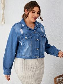 SHEIN LUNE Hơn Rách Túi có nắp Áo khoác denim - Rửa nhẹ - Xem 6