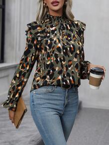 EMERY ROSE Allover Print Ruffle Trim Flare Sleeve Blouse - Dark Green - View 3