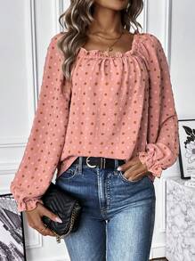 SHEIN LUNE Swiss Dot Flounce Sleeve Frill Trim Blouse