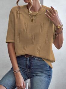 SHEIN LUNE Solid Pointelle Knit Top - Khaki - View 1