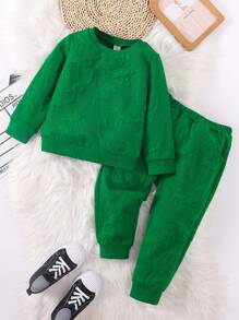 SHEIN Young Boy Dinosaur Embossed Sweatshirt & Sweatpants - Green - View 1