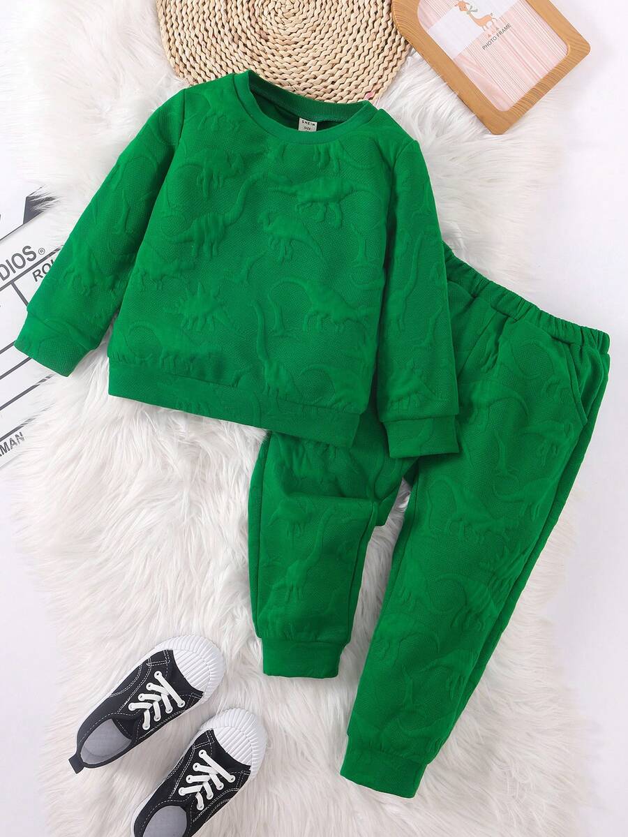 SHEIN Young Boy Dinosaur Embossed Sweatshirt & Sweatpants - Green - View 1