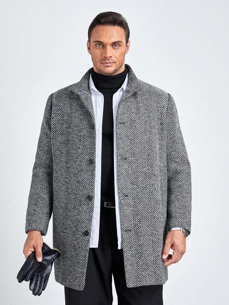 Manfinity VCAY 宽松男士加大码纽扣前大衣，适合秋冬 - 灰色 - 查看 1