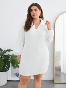 SHEIN Clasi Plus Pearls Beaded Drop Shoulder Sweater Dress - White - View 3