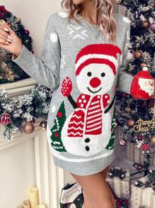 SHEIN LUNE 圣诞雪人图案针织休闲时尚女士毛衣裙，秋冬 - 灰色 - 查看 6