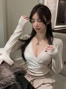DAZY Solid Surplice Neckline Wrap Tee - White - View 2