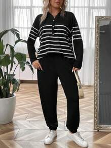 SHEIN LUNE Plus Striped Print Hoodie & Sweatpants - Black - View 4