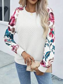 SHEIN VCAY Floral Print Raglan Sleeve Sweatshirt - White - View 1