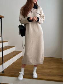 DAZY 拼接領落肩袖口袋貼布毛衣洋裝