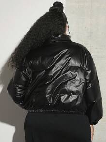 SHEIN CURVE+ Plus Zip Up Snap Button Padded Coat - Black - View 2