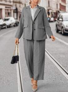 Calvaya Plus Lapel Neck Blazer & Suit Pants - Grey - View 5