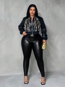 Slaydiva 大碼鏈條細節PU皮打底褲 - 黑色 - 查看 5