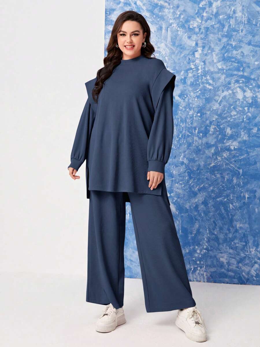 Mulvari Plus Mock Neck Drop Shoulder Split Hem Top & Wide Leg Pants - Navy Blue - View 1