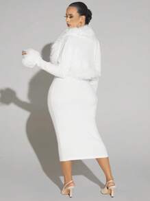 SHEIN X GiudiceGirls Plus Fuzzy Trim Cami Bodycon Dress & Open Front Jacket - White - View 2