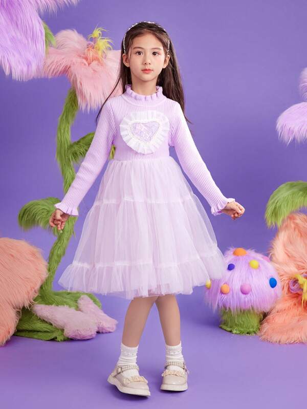 Tween Girl Heart Pattern Frill Trim Mesh Overlay Dress