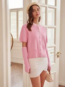 SHEIN Privé 前鈕扣開衫，帶臂袖 - 粉色 - 查看 4