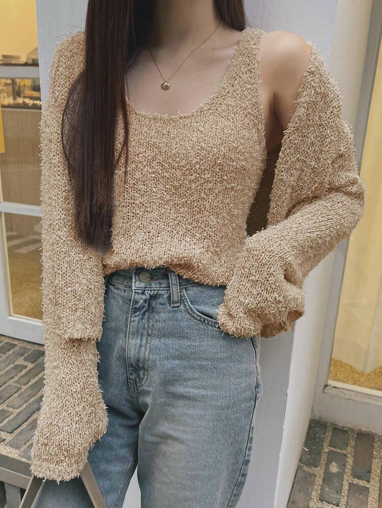 Solid Drop Shoulder Cardigan & Tank Knit Top,Fall Women Clothes
