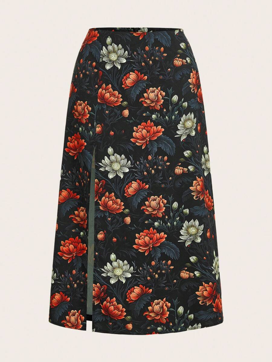 VRSO Falda con abertura lateral y estampado floral de artista, ideal para vacaciones, fiestas, Acción de Gracias, festivales