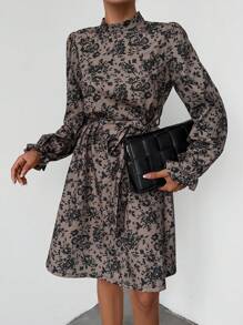 EURMUSE Women's Floral Print Mandarin Collar Long Sleeve Casual Fashion Dress - Multicolor - View 1