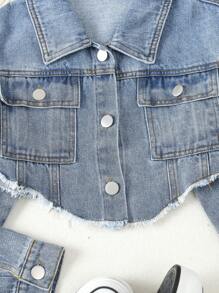 SHEIN Chica preadolescente Cazadora mezclilla crop con bolsillo con solapa bajo crudo
