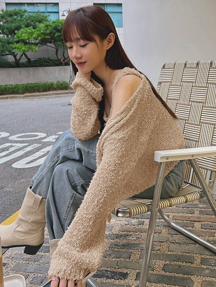 Solid Drop Shoulder Cardigan & Tank Knit Top,Fall Women Clothes