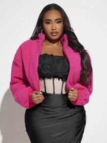 SHEIN SXY 拉鏈開襟落肩袖毛絨夾克 - 玫紅色 - 查看 1