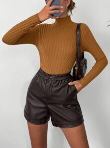 EURMUSE Mock Neck Ribbed Knit Sweater - Camel - View 4