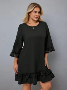 RueChic Plus Contrast Lace Ruffle Trim Flounce Sleeve Smock Dress - Black - View 5