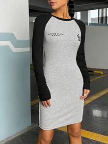 SHEIN EZwear 字母圖案插肩袖緊身洋裝 - 灰色 - 查看 2