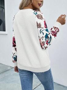 SHEIN VCAY Floral Print Raglan Sleeve Sweatshirt - White - View 2