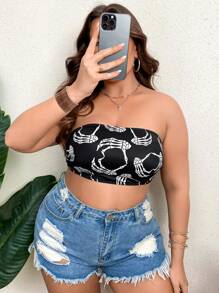 Ariqdhaksinargha Plus Skeleton Hand Print Tube Bikini Top - Black and White - View 4