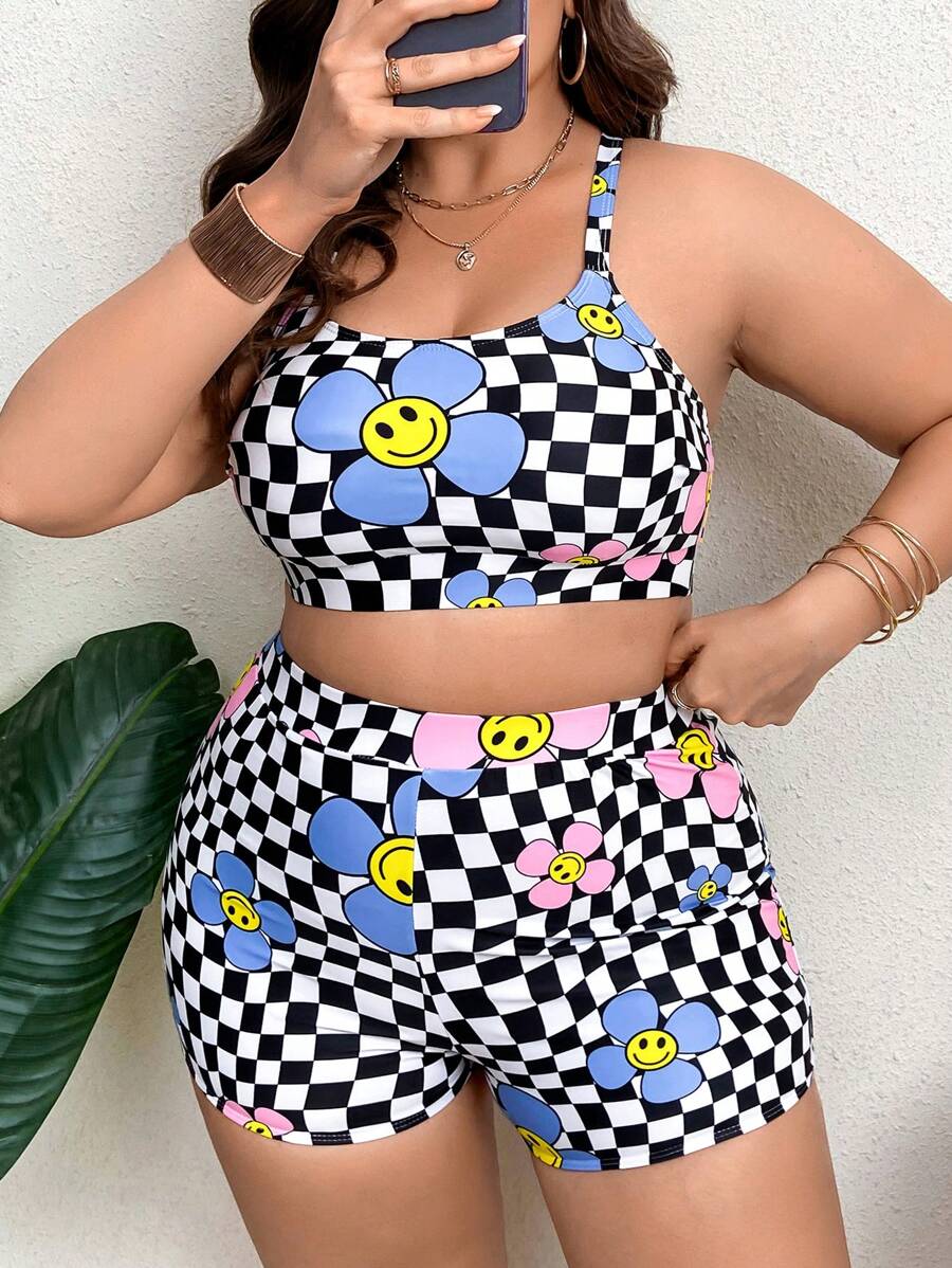 Khrim Reaper SHEIN Swim Curve Artist Girlcore Summer Beach Plus Floral & Checker Print Bikini Set, Women Clothes, For Summer, Festival