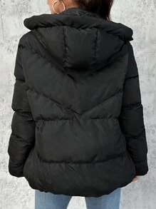EURMUSE Zip Up Hooded Puffer Coat - Black - View 2