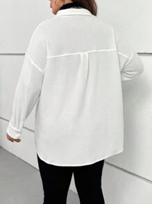 SHEIN Essnce 大碼翻蓋口袋落肩袖前紐扣外套 - 白色 - 查看 2