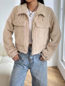 SHEIN EZwear Drop Shoulder Flap Detail Zip Up Teddy Jacket - Khaki - View 3