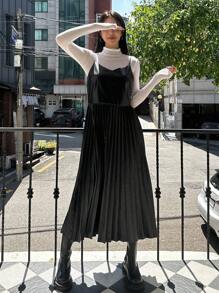 DAZY 纯色褶皱下摆吊带连衣裙（不含T恤），休闲女装秋冬