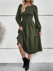 SHEIN Unity Vestido acampanado con dobladillo con volantes lisos - Verde - Ver 5