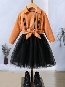 SHEIN Young Girl Contrast Mesh Hem Zip Detail Belted Dress - Multicolor - View 1