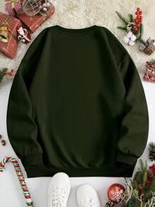 INAWLY Plus Christmas Print Thermal Lined Sweatshirt - Army Green - View 2