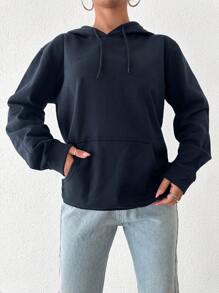 EURMUSE 100%纯棉休闲纯色口袋抽绳连帽衫 - 藏蓝色 - 查看 1
