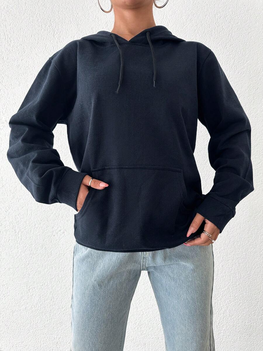 EURMUSE 100%纯棉休闲纯色口袋抽绳连帽衫 - 藏蓝色 - 查看 1