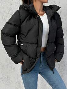 EURMUSE Zip Up Hooded Puffer Coat - Black - View 4