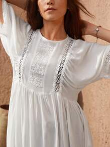 SHEIN VCAY Guipure Lace Insert Smock Top - White - View 4