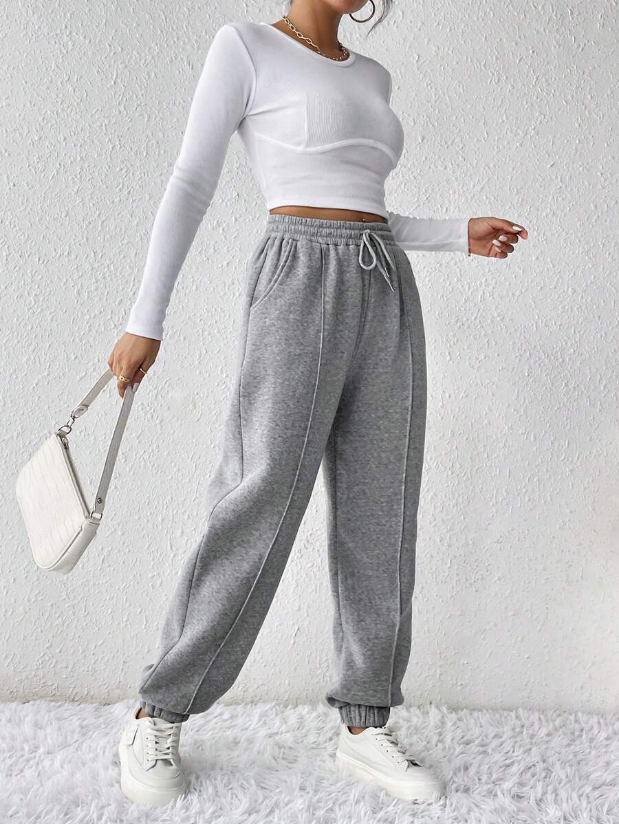 SHEIN Frenchy Women's Solid Color Elastic Waist Drawstring Pocket Sweatpants Winter - Grey - View 1