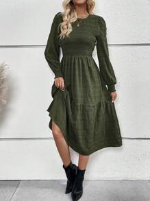SHEIN Unity Vestido acampanado con dobladillo con volantes lisos - Verde - Ver 4